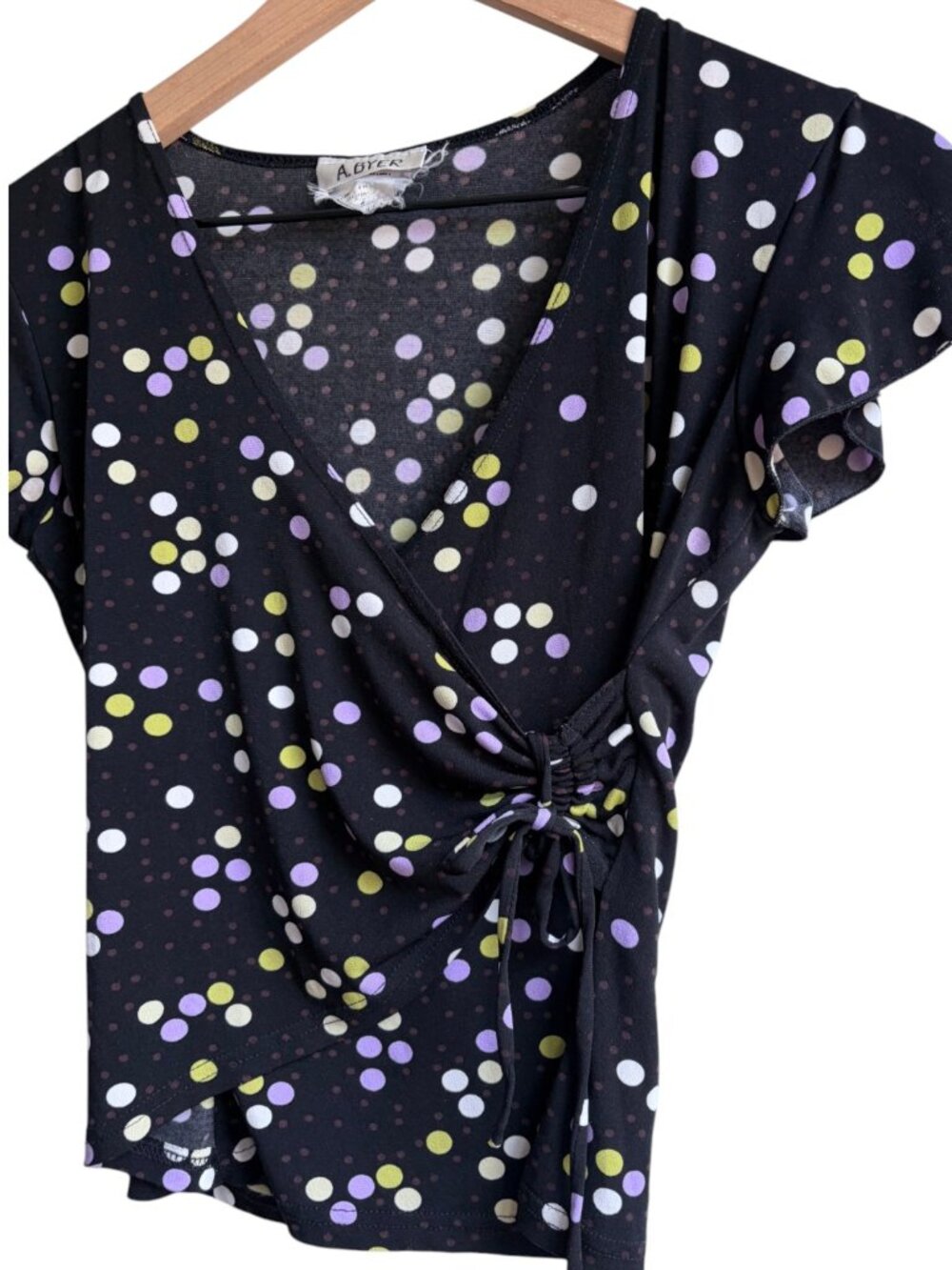 A. BYER Black Polka Dot Wrap Top Short Sleeve Flutter V-Neck Tie Side Small